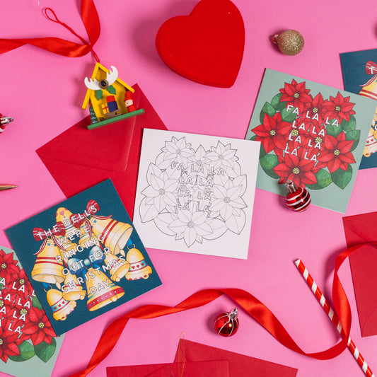Christmas Card Set - The Bells, Fa La La & Fa La La Colour-in - 5 Pack